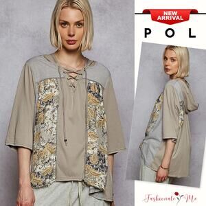POL Lace-Up Vintage Floral Pattern Paisley Panel Details Hooded T-Shirt | Olive